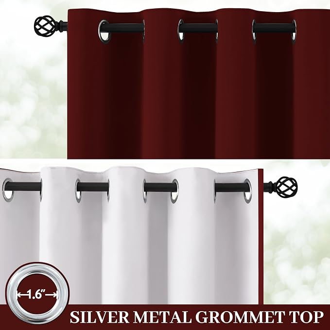 Yakamok Burgundy Red Blackout Curtains 63 Inches Long for Bedroom 50" Wide | Blackout Curtain Panels for Bedroom, 2 Thick Layers Grommet Top Thermal Insulated Drapes with White Back for Living Room