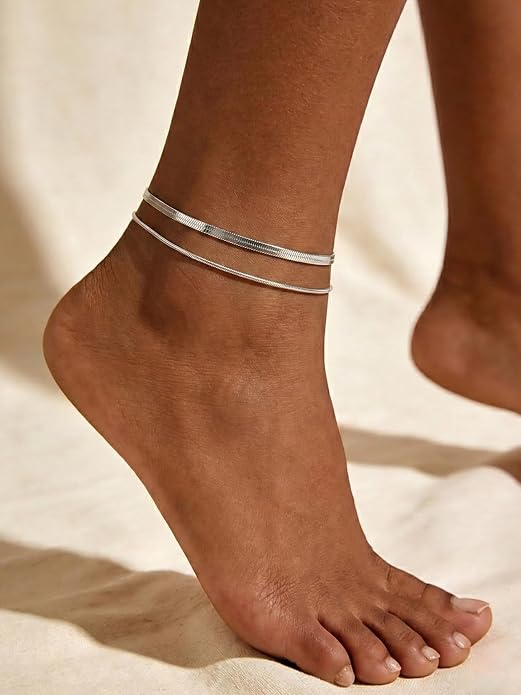U7 Silver/Gold Ankle Bracelets for Women Layered Chain Anklets Stainless Steel Waterproof Summer Beach Anklet Cham, Adjustable 8.5"-10.5"