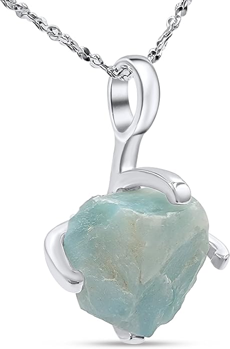 Natural raw gemstone pendant chain necklace with white gold over 925 solid sterling silver, birthstone dainty solitaire gift for her, uniquelan jewelry