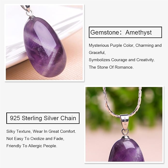 iSTONE 925 Sterling Silver Natural Crytral for Womens Pendant Necklace, Gemstone Birthstone with 17.8" Silver Chain Ladies