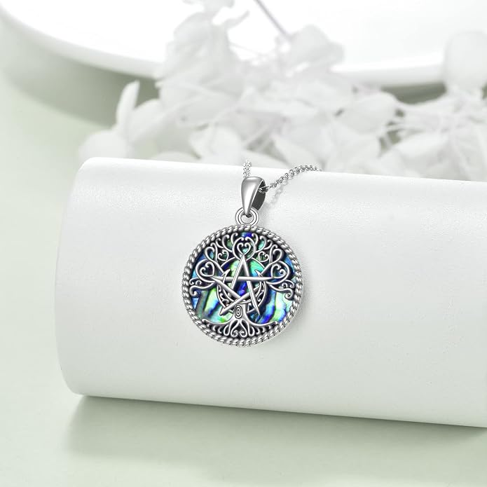 YFN Triple Moon Goddess Necklace Sterling Silver Pentagram Pentacle Opal Pendant necklace Pagan Wiccan Magic Amulet Tree of Life Jewelry for Women Men 18"