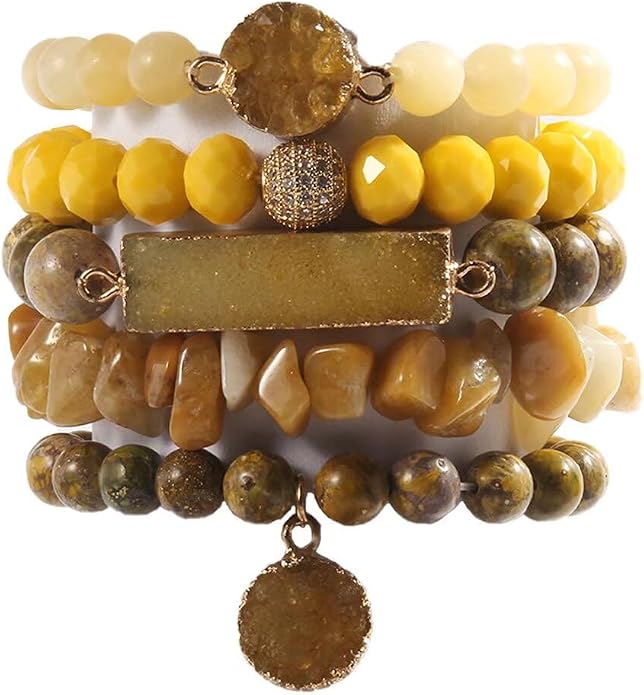 Yomisa 5PCS 6PCS Natural Boho Beaded Bracelets/Bangle for Women Men,Healing Turquoise Jasper Agate Crystal Gemstone Stone Chakra Multilayer Wrap Bohemian Handmade Jewelry Beads Stretch Bracelet Set
