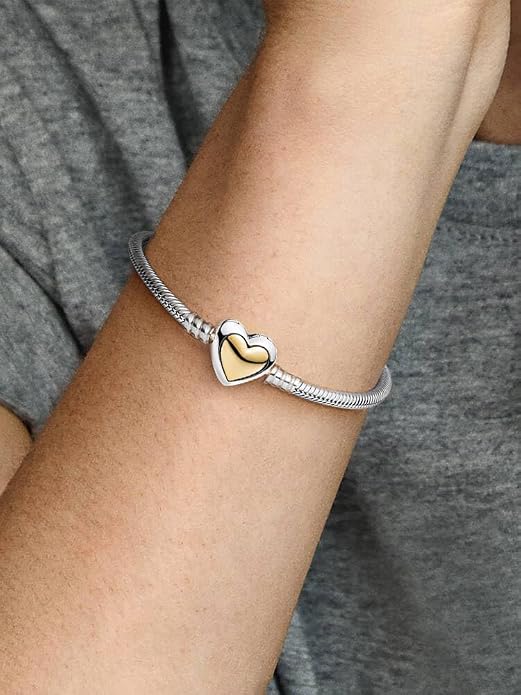 Annmors 925 Sterling SIlver Snake Chain Bracelet with Arch-shaped Gold Heart Clasp Compatible with Women's Bangle Charm & Pendants
