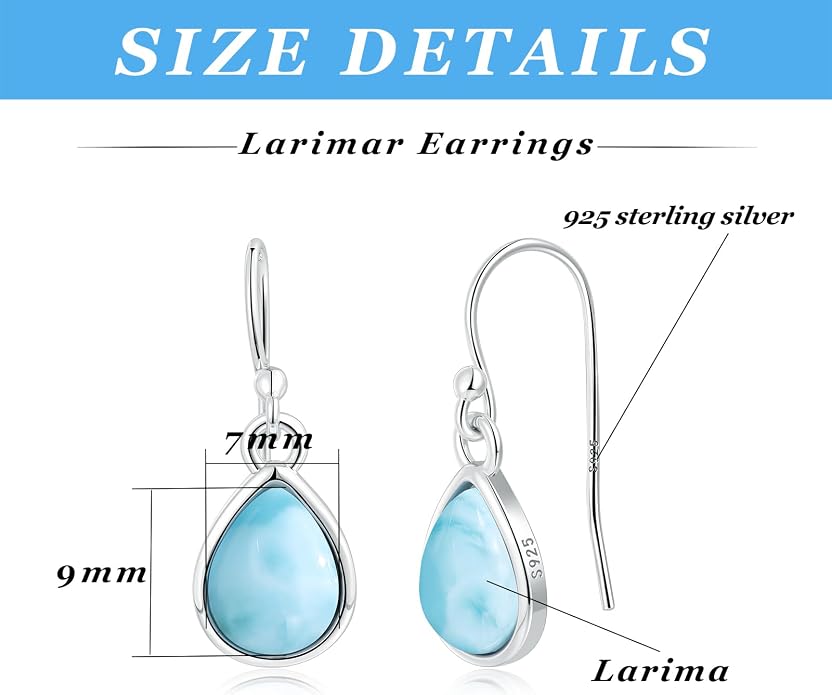 Larimar Dangle Earrings, 925 Sterling Silver Gemstone Larimar Drop Earrings for Women