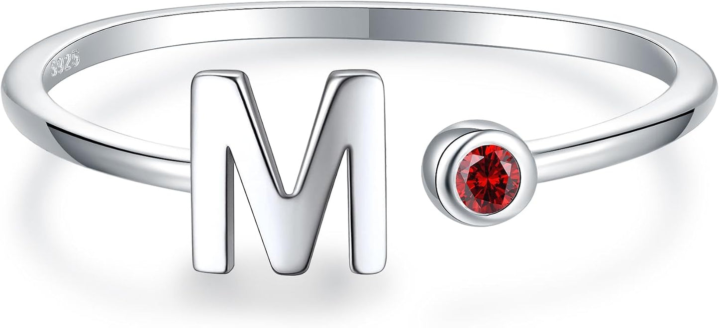 925 Sterling Silver Initial Letter Birthstone Rings for Women Adjustable 1-12 Month Birthstone Alphabet Stacking Ring for Teens Girls Stackable Birthstone Rings Birthday Jewelry Gift for Daughter Mom