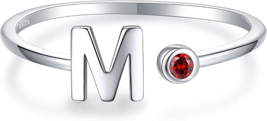 925 Sterling Silver Initial Letter Birthstone Rings for Women Adjustable 1-12 Month Birthstone Alphabet Stacking Ring for Teens Girls Stackable Birthstone Rings Birthday Jewelry Gift for Daughter Mom