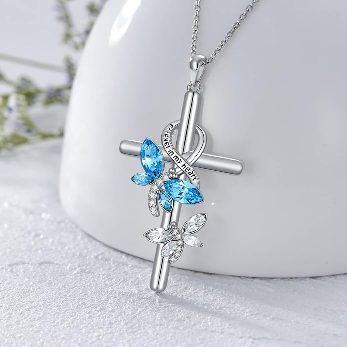 Cross Necklace for Women 925 Sterling Silver I Love You Necklace Religious Jewelry with Gift Box for Mother Daughter