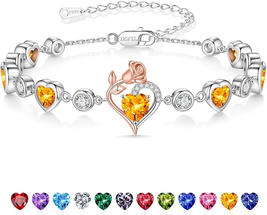 Iefil Birthstone Bracelets for Women - 925 Sterling Silver Rose Heart Charm Bracelets, Anniversary Birthday Gifts for Women Wife Mom Girlfriend Daughter, 6"+2"