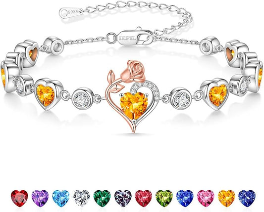 Iefil Birthstone Bracelets for Women - 925 Sterling Silver Rose Heart Charm Bracelets, Anniversary Birthday Gifts for Women Wife Mom Girlfriend Daughter, 6"+2"