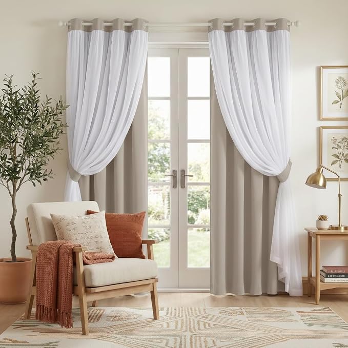 PONY DANCE 2 Layers Curtains Set - Room Darkening Mix & Match Room Darkening Curtains with White Sheer Voile, 52" Wide and 84" Long,Cream, 2 Panels