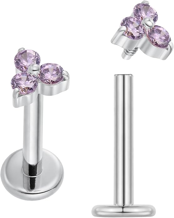 2PCS Titanium Internally Threaded Gem Labret | 16G Flat Back CZ Crystal Stud Earrings | Tragus Helix Cartilage Conch Lip Monroe | Implant Grade Body Piercing Jewelry