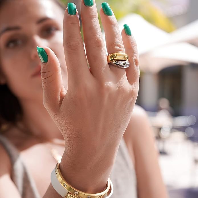 CIUNOFOR Two Tone Chunky Cocktail Ring for Women, Interlocked Gold & Silver Wide Band Statement Ring, Non-Separable Design, Sizes 6–9
