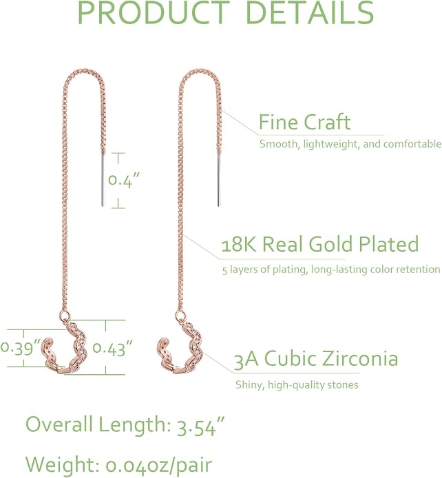Threader Ear Cuff for Women 18K Real Gold Plated Cubic Zirconia Wrap Chain Earrings Hypoallergenic Drop Earring Crawler Climber Ear Cuffs Gift