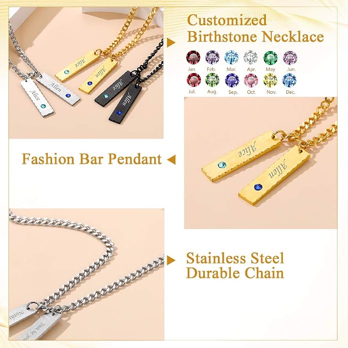 Custom4U Personalized Birthstone Bar Necklaces for Women, Custom Handmade Silver/Black/Gold Vertical Bar Pendants with 1-3 Names Engraved,Unique Memorial Necklace for Her