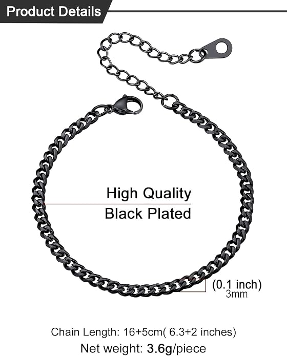 U7 Link Bracelets for Men, Cuban Link/Rope/Watch Band Solid Bracelet, Silver Black Gold Color Wrist Bracelet 3/6/9/12/15mm Width, 6.5/7.5/8.3 Inch Length, Hand Chain Jewelry for Mens Women