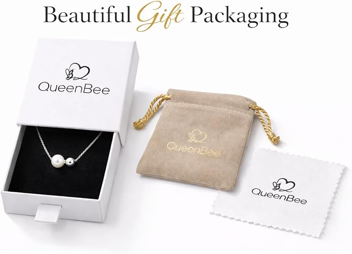 QueenBee Double Floating Pearl & Bead Bolo Necklace - 8mm Pearl with 14K Gold Filled or 925 Sterling Silver Accents, Adjustable Slider Chain, No-Clasp Waterproof Jewelry