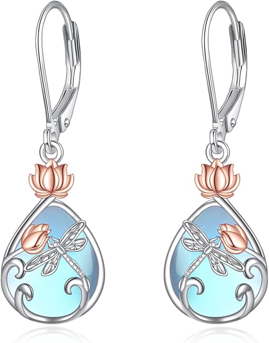 AOBOCO Teardrop Dangle Earrings for Women 925 Sterling Silver Moonstone Flower Filigree Leverback Jewelry Birthday
