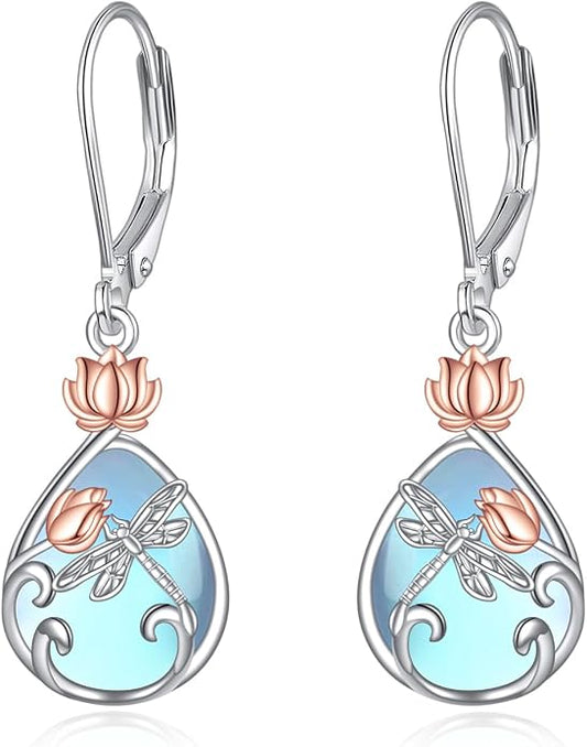 AOBOCO Teardrop Dangle Earrings for Women 925 Sterling Silver Moonstone Flower Filigree Leverback Jewelry Birthday