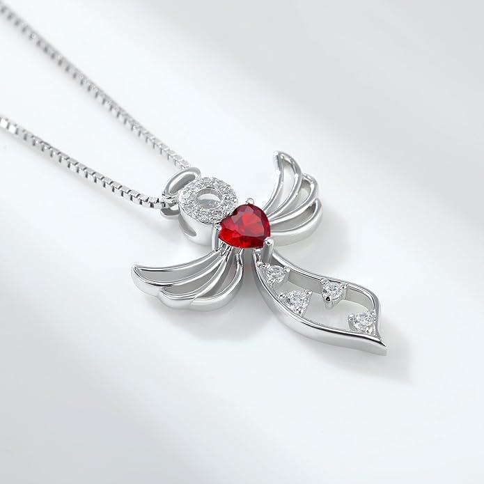 925 Sterling Silver Guardian Angel Pendant Necklace for Women - Birthstone Cubic Zirconia, 18" Chain, Gift for Her