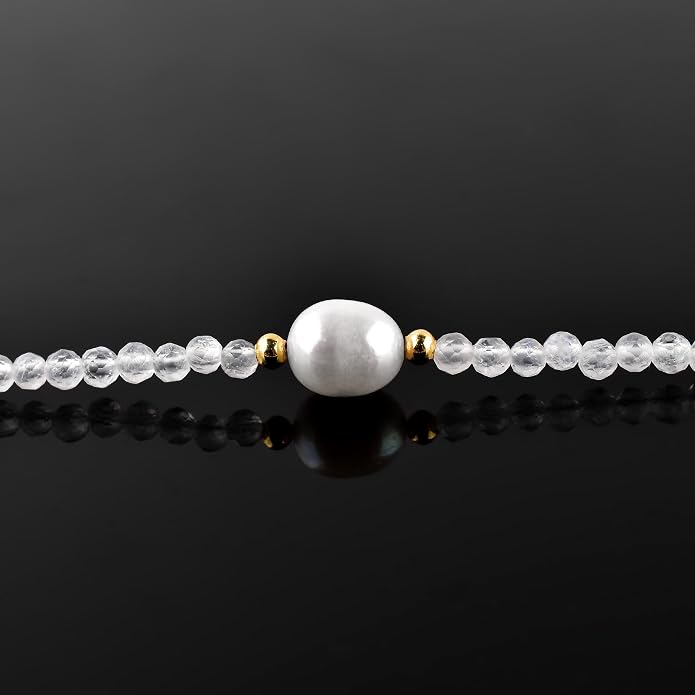 InfinityGemsArt Gemstone Gold Necklace For Women, Birthstone Natural Crystal Stone With Freshwater Pearl Beaded Jewelry, Gold Plated 18 Inch Chain