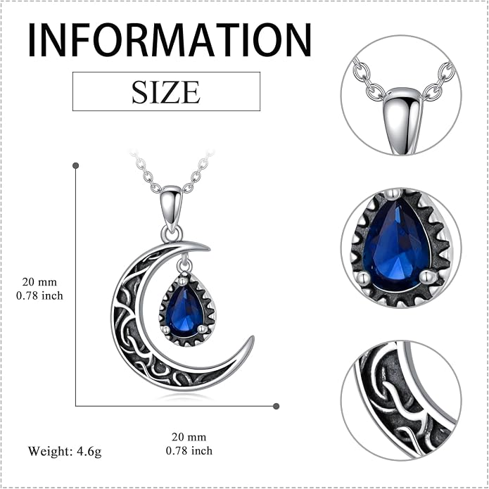 VONALA Crescent Moon Necklace Sterling Silver Emerald/Red/Purple/Black/Rainbow Topaz/Green/Aquamarine/Blue/Moss Agate Celtic Moon Teardrop Necklace Celtic Jewelry Gifts for Women Birthday