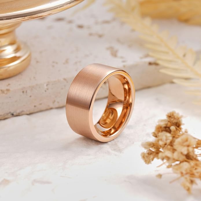 King Will Basic Gold/Rose Gold/Brown Plated Tungsten Wedding Band for Men/Women, 2mm/4mm/6mm/8mm/10mm/12mm Width Band Rings, Pipe Cut Matte Brushed Finish Cigar Band Ring Comfort Fit
