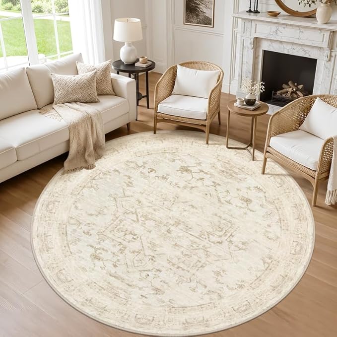 Round Area Rug for Living Room: 8ft Vintage Boho Neutral Washable Circle Rug Soft Large Circular Carpet for Bedroom Nursery Farmhouse Dining Room Office Floor Non-Slip Low Pile Under Table Beige/Brown