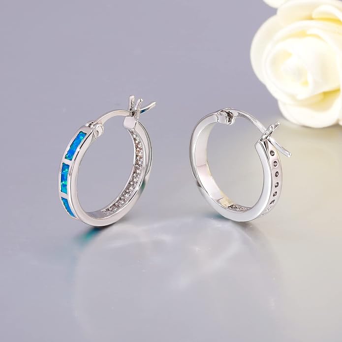 CiNily Sterling Silver/Rose Gold/Yellow Gold Plated Hoop Earrings 20mm,Multicolor Opal Small Hoop Earrings for Women Girls Hypoallergenic Jewelry for Sensitive Ears Gemstone Earrings