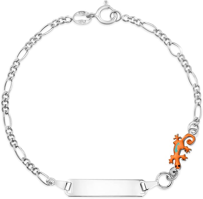 UNICORNJ 925 Italy Sterling Silver Child or Baby Name Bracelet Girls Boys, Personalized Engraved Kids ID Bracelets, 6.5" Figaro Chain, Enamel Charm Newborn Infant Toddler Kid Jewelry