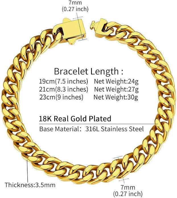 ChainsHouse Stainless Steel Cuban Link Bracelet for Men, 5mm/7mm/9mm/12mm Width, 7.5"/8.3"/9" Length, Black/18K Gold Plated Chain Wrist Bracelets for Men, with Gift Box