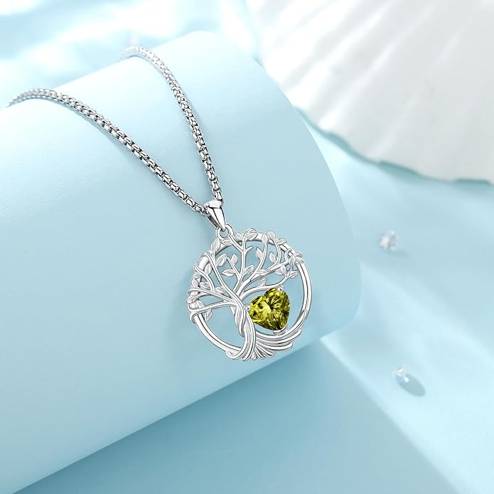 Birthstone Tree of Life Necklace for Women Heart Crystal Pendant Silver Plated Birthday Anniversary Jewelry for Wife, Mom, and Her