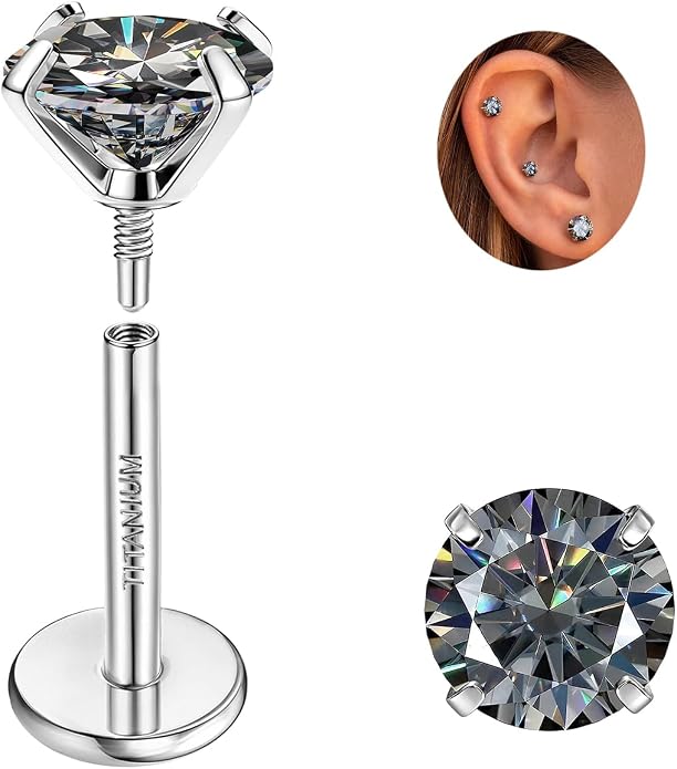 GEMQUEEN Moissanite Earrings G23 Titanium Extended Internal Thread Flat Back Earrings Hypoallergenic Tragus Cartilage Helix Conch Piercing Jewelry for Women Men 18G 6/8mm Post Gray/D Color 0.2-3CT