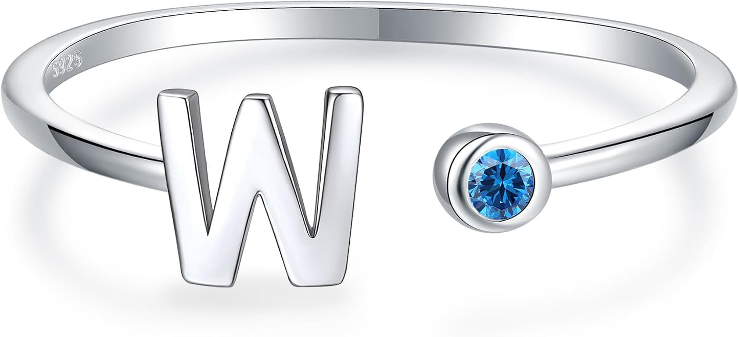 925 Sterling Silver Initial Letter Birthstone Rings for Women Adjustable 1-12 Month Birthstone Alphabet Stacking Ring for Teens Girls Stackable Birthstone Rings Birthday Jewelry Gift for Daughter Mom