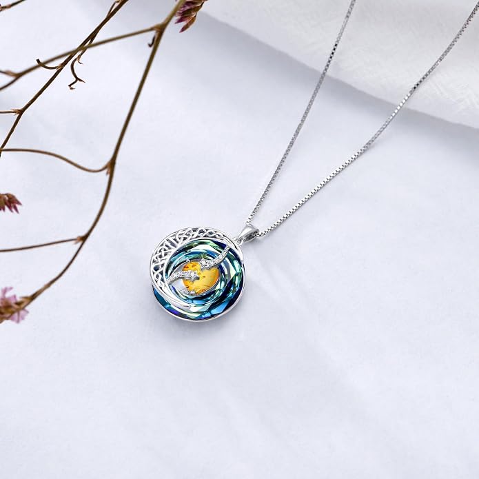 TOUPOP Birthstone Necklace 925 Sterling Silver Moon and Star Pendant Celtic Moon Jewelry with Blue Crystal Anniversary Birthday Gifts for Women Mom Wife Her