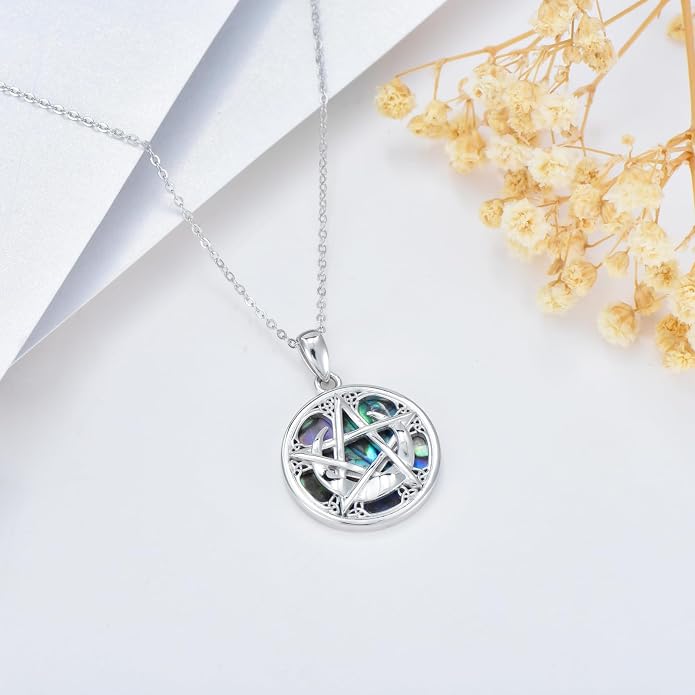 YFN Triple Moon Goddess Necklace Sterling Silver Pentagram Pentacle Opal Pendant necklace Pagan Wiccan Magic Amulet Tree of Life Jewelry for Women Men 18"