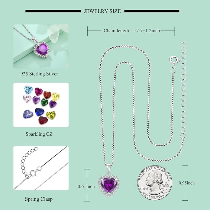 STARCHENIE 925 Sterling Silver Heart Birthstone Pendant Necklace for Women | Genuine 925 silver pendant, heart birthstone, love heart design, 925 silver 18+2" adjustable chain