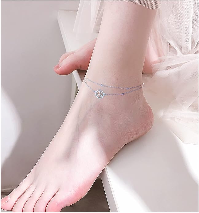 Ladytree S925 Sterling Silver Boho Beach Double Layer Anklets Bracelet for Women Adjustable 9 to 11 inches