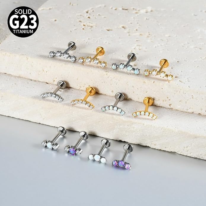 2PCS G23 Titanium Fire Opal CZ Labret Stud Piercing Cartilage Helix Tragus Climber Earrings for Men Women Lip Monroe Body Piercing Jewelry