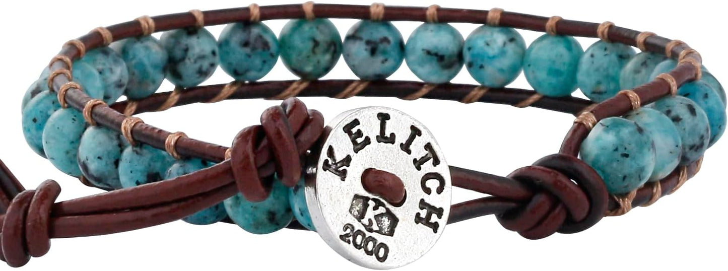 KELITCH Turquoise Mix Beaded Bracelets Single Wrap Bracelet on Brown Leather Handwoven New Jewelry