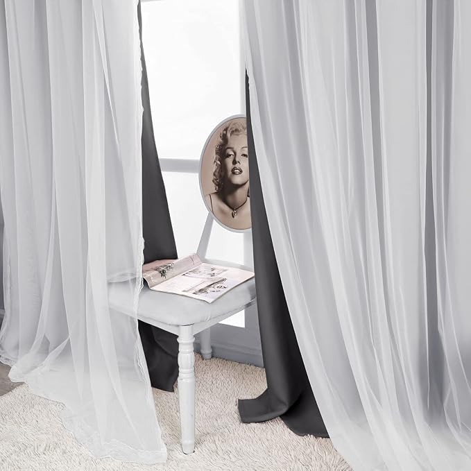 Dark Grey Blackout Curtains 96 Inch Length with White Sheer Voile - Double Layered Mix and Match Nursery Grommet Curtains for Living Room,52 by 96 in, 2 Pieces