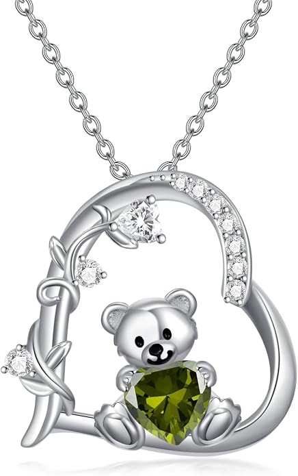 PELOVNY Teddy Bear Necklace for Women 925 Sterling Silver Bear/Highland Cow/Fox/Cat/Axolotl Birthstone Necklace Christmas Birthday Jewelry Gifts for Mom Daughter Wife Sister