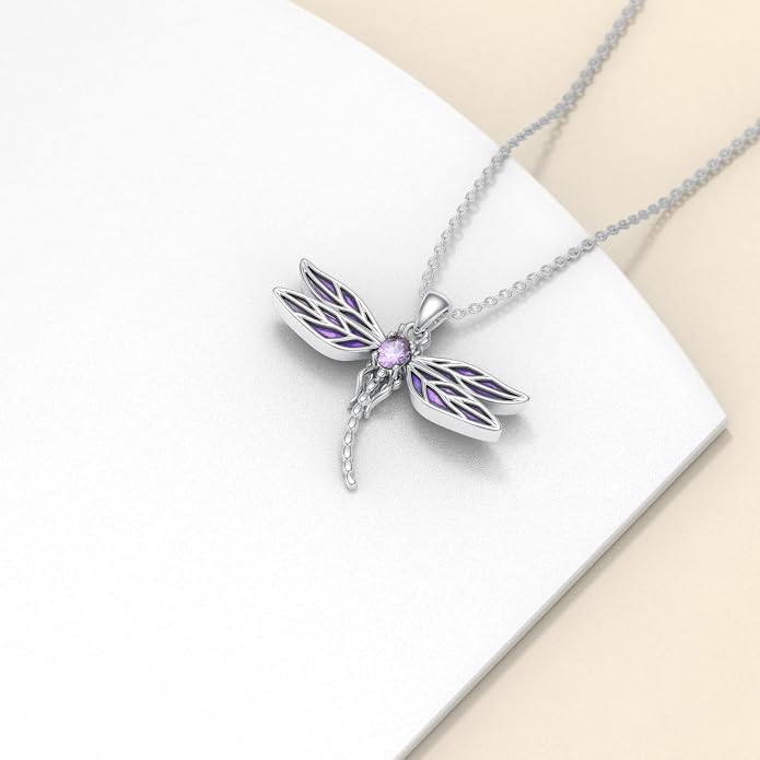 925 Sterling Silver Dragonfly Necklace for Women Purple Cubic Zirconia Dragonfly Pendant Ladies Jewelry Gifts