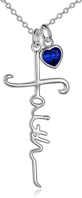 Faith Cross Necklace For Women Birthstone Sterling Silver with Simulated Birthstone Cross Jewelry Christian Gifts