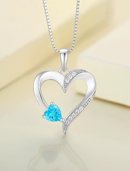 YL Heart Necklace 925 Sterling Silver Love Heart Pendant Birthstone Jewelry for Women