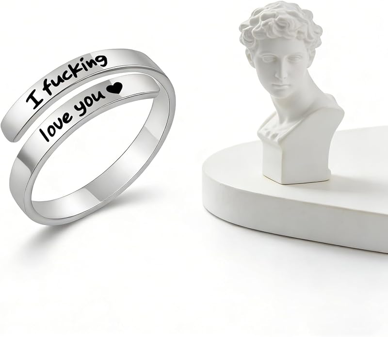I Fcking Love You Ring, Stainless Steel Engraved Inspirational Words Heart Open Adults Women Vintage Promise Rings Lover Wife Jewelry