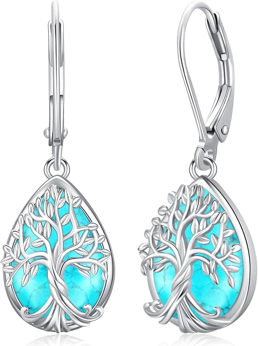 Odinstone 925 Sterling Silver Earrings Tree of Life Teardrop Moonstone Dangle Drop Leverback Earrings for Women