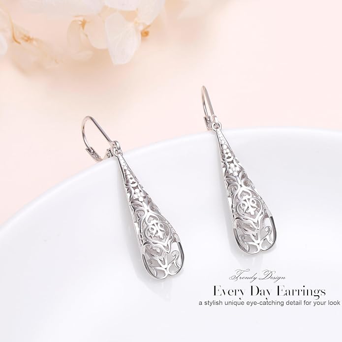 Sterling Silver Leverback Dangle Earrings for Women Teardrop Filigree 14K Gold Plated Dangly Earrings Mother’s Day Gift