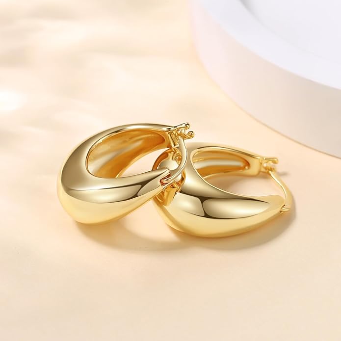 14K Gold Chunky Earrings for Women - Vintage Textured Huggie Sleeper Earrings, Lightweight Hypoallergenic Statement Earrings for Sensitive Ears