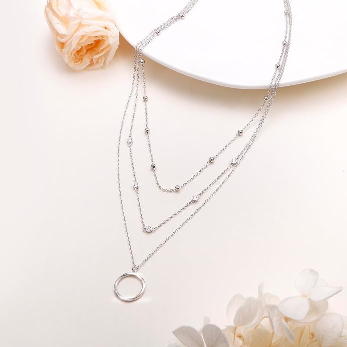 Layered Choker Necklaces for Women S925 Sterling Silver Circle/Heart/Cross/Star Multi Layered Necklace Handmade Bead Chain Adjustable Jewelry for Birthday