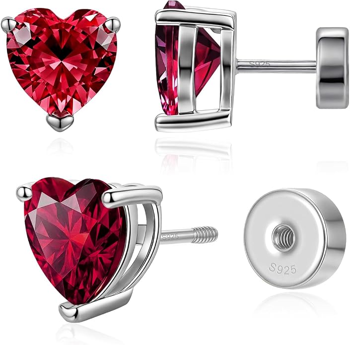 Heart Birthstone Flat Back Stud Earrings, 925 Sterling Silver 18K White Gold Plated, Poke-Free Comfortable Sleep Hypoallergenic Personalized Ear Piercing Jewelry, Mother's Day Birthday Gifts for Women
